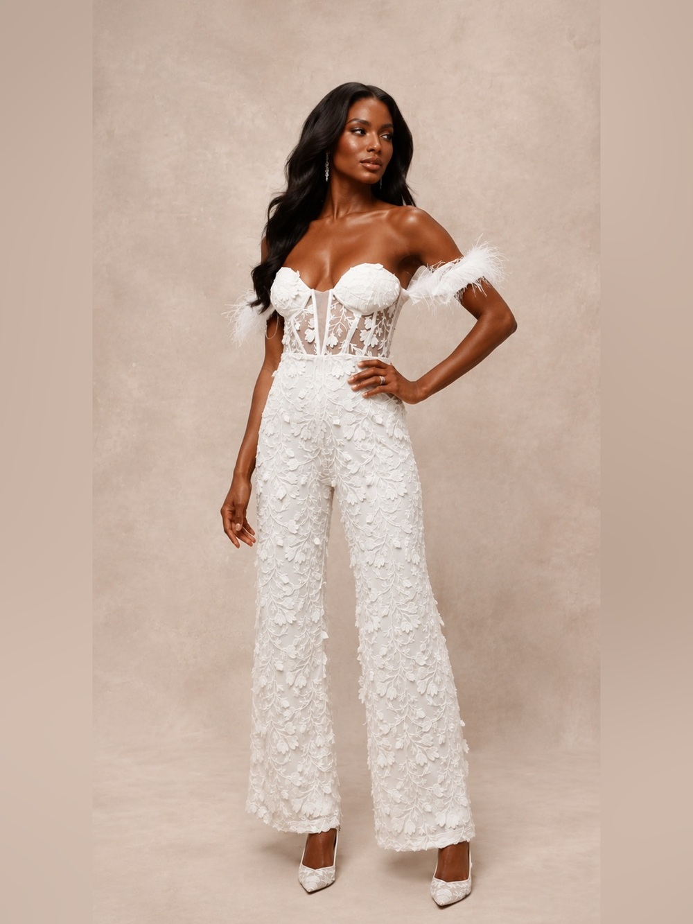 Lulus’ Midnight Sparkle White Mesh Embroidered Feather Bustier Jumpsuit Size L